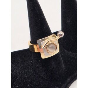 Christopher Poly Modernist Mixed Metal Geometric Ring Gray Cabochon Size 5.75